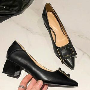 Fang buckle thick heels feminine tip of Fan Jianzhong